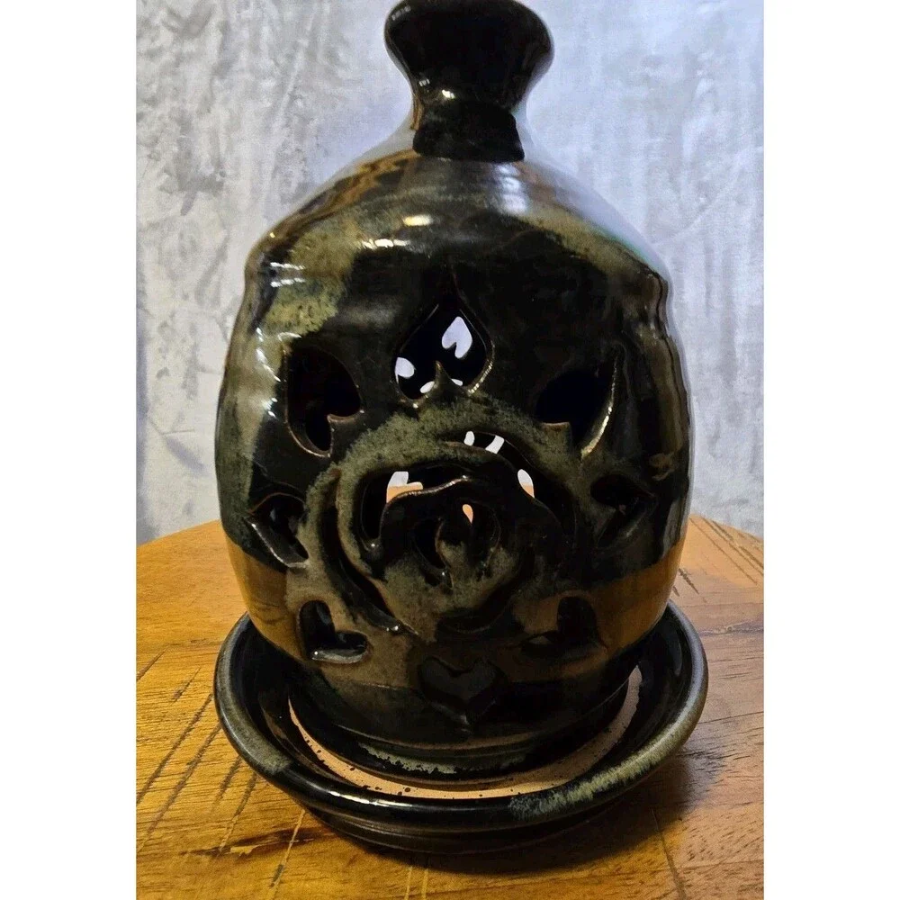 Midnight Sun Pottery Garold Amsberry Ceramic Candle Holder Black Green Marbled
